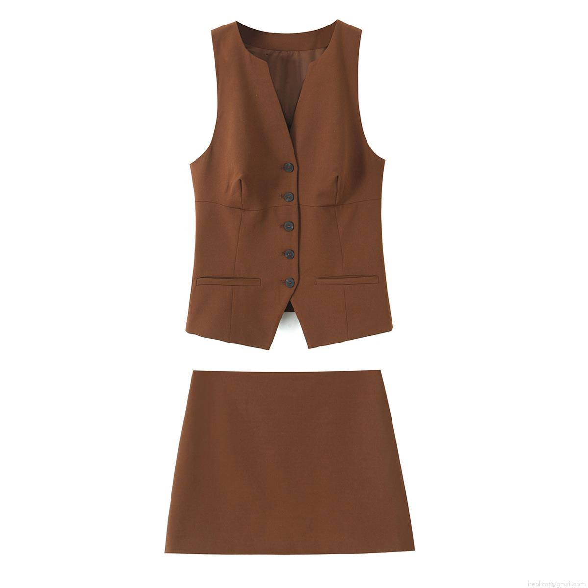 Women's 2 Piece Skirt Set V Neck Single Breasted Vest Waistcoat and Mini A-Line Skirt Brown Caramel Color Office Lady Streetwear Outfits Women's 2 Piece Skirt Set V Neck Single Breasted Vest Waistcoat and Mini A-Line Skirt Brown Caramel Color Office Lady Streetwear Outfits