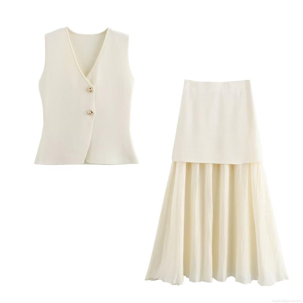 Women's 2 Piece Knit Vest And Pleated Midi Skirt Set V-Neck Sleeveless Knitted Waistcoat With Gold Buttons High Waist Long Skirt Casual Streetwear Matching Outfits For Women