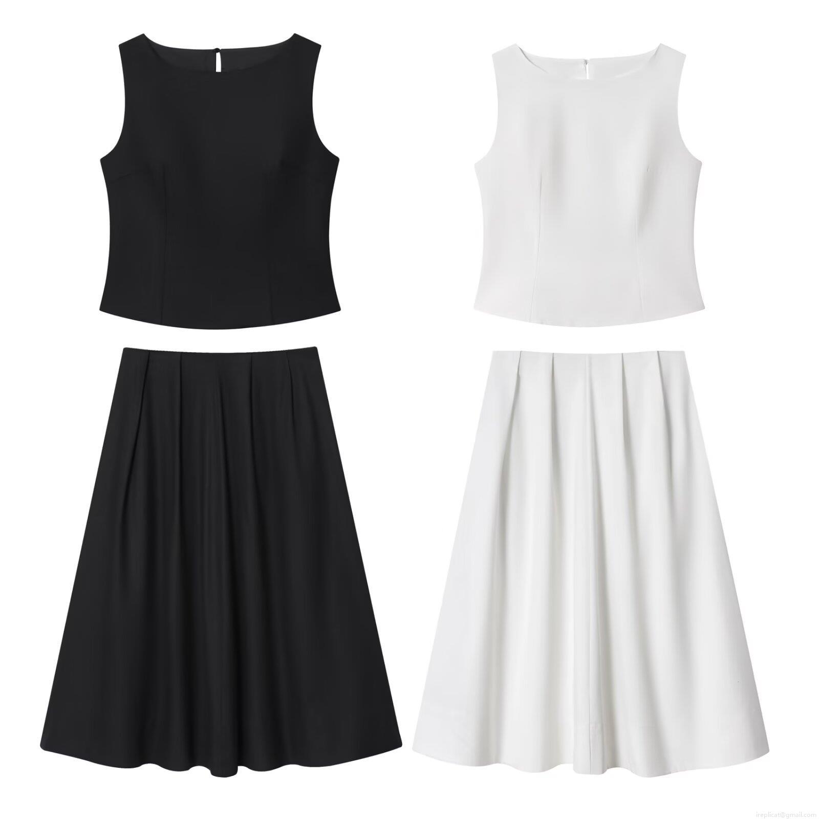 Women's Casual Two Piece Set Sleeveless Round Neck Vest Top and High Waist Pleated A-Line Mid-Length Skirt Solid Color Polyester Linen Blend Summer Streetwear Clothing