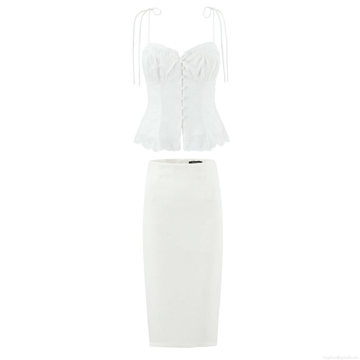 Elegant Women's White Lace Embroidered Two Piece Skirt Set Eyelet Spaghetti Strap Cami Top and High Waist Midi Pencil Skirt Summer Party Outfit