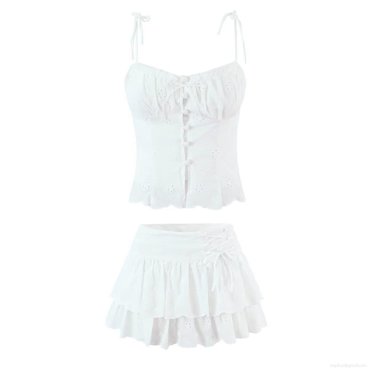 Women's White 100% Cotton Embroidered Two Piece Skirt Set Floral Lace-up Camisole Top and Ruffle Mini Skirt Summer Casual Outfits