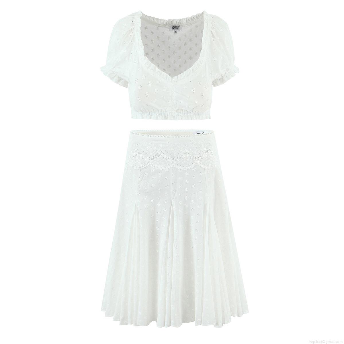 Women's French Retro Eyelet Embroidery Two Piece Set White 100% Cotton Puff Sleeve Crop Top and Ruffle A-Line Midi Skirt Pastoral Casual Outfits