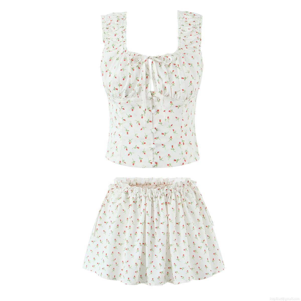 Women 100% Cotton Floral Skirt Set Square Neck Ruffle Strap Crop Top And Mini Skirt 2 Piece Summer Vacation Beach Party Sweet French Retro Outfits