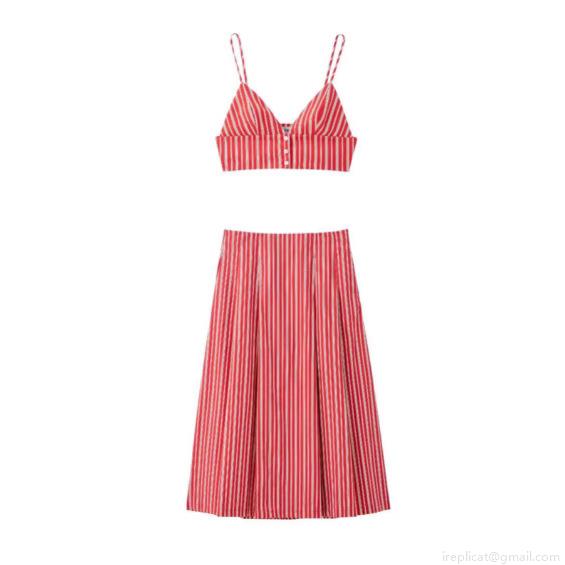 Women's Two Piece Set Red White Vertical Striped Camisole Crop Top With Button Front And High Waist A-Line Midi Skirt Polyester Summer Vacation Boho Streetwear