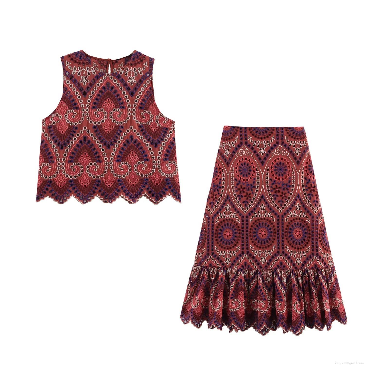 Women Bohemian Embroidery Eyelet Two Piece Set Sleeveless Round Neck Top and Scalloped Midi Skirt Cotton Blend Ethnic Vacation Outfit for Women