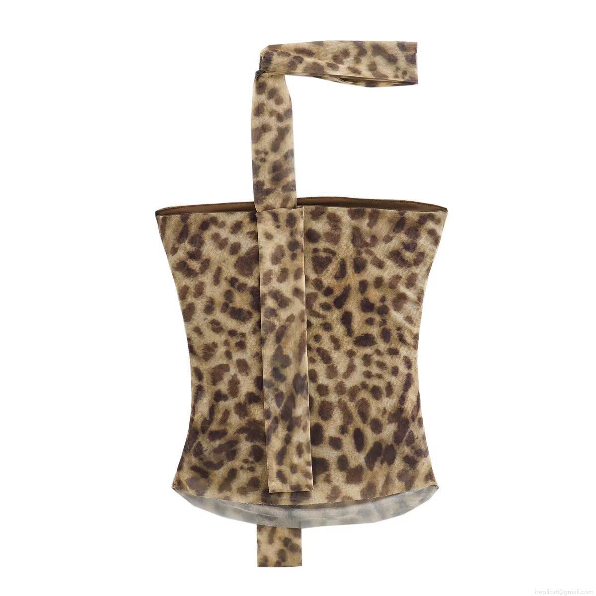 Women Sexy Leopard Print Ruched Mesh Halter Top And Midi Skirt Two Piece Set Sleeveless See-Through 100% Polyester Clubwear Streetwear Outfit