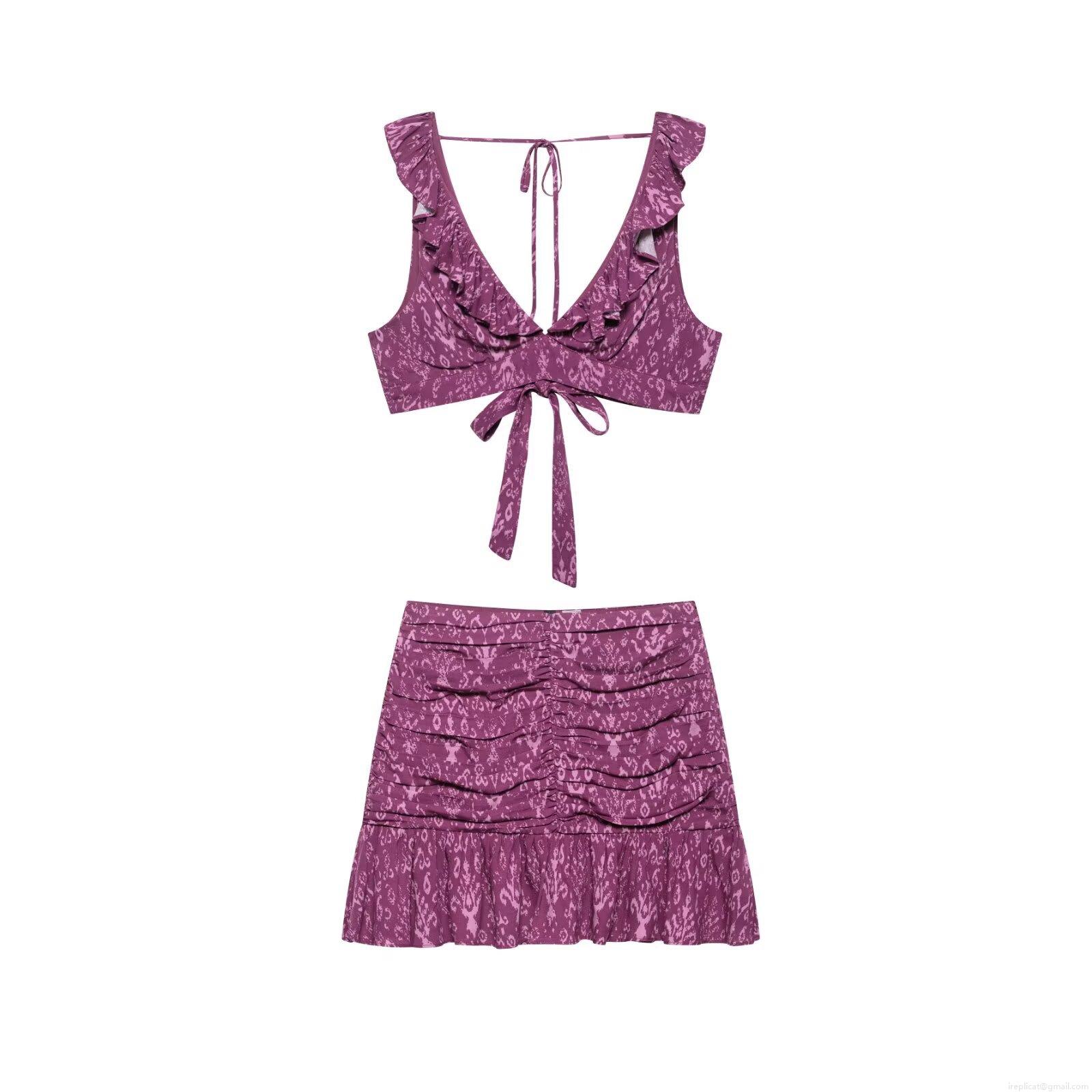 Women's Purple Abstract Print 2-Piece Skirt Set 100% Polyester Ruffled Sleeveless Crop Top And Ruched Mini Skirt For Summer Streetwear Party Fashion