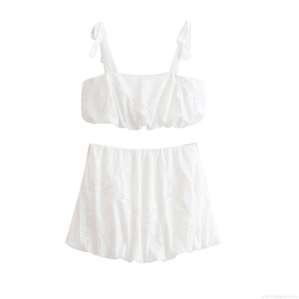 Women's White Lace Patchwork 2-Piece Set Bow Tie Shoulder Strap Crop Top And High Waist Mini Bubble Skirt Sexy Summer Beach Party Outfits