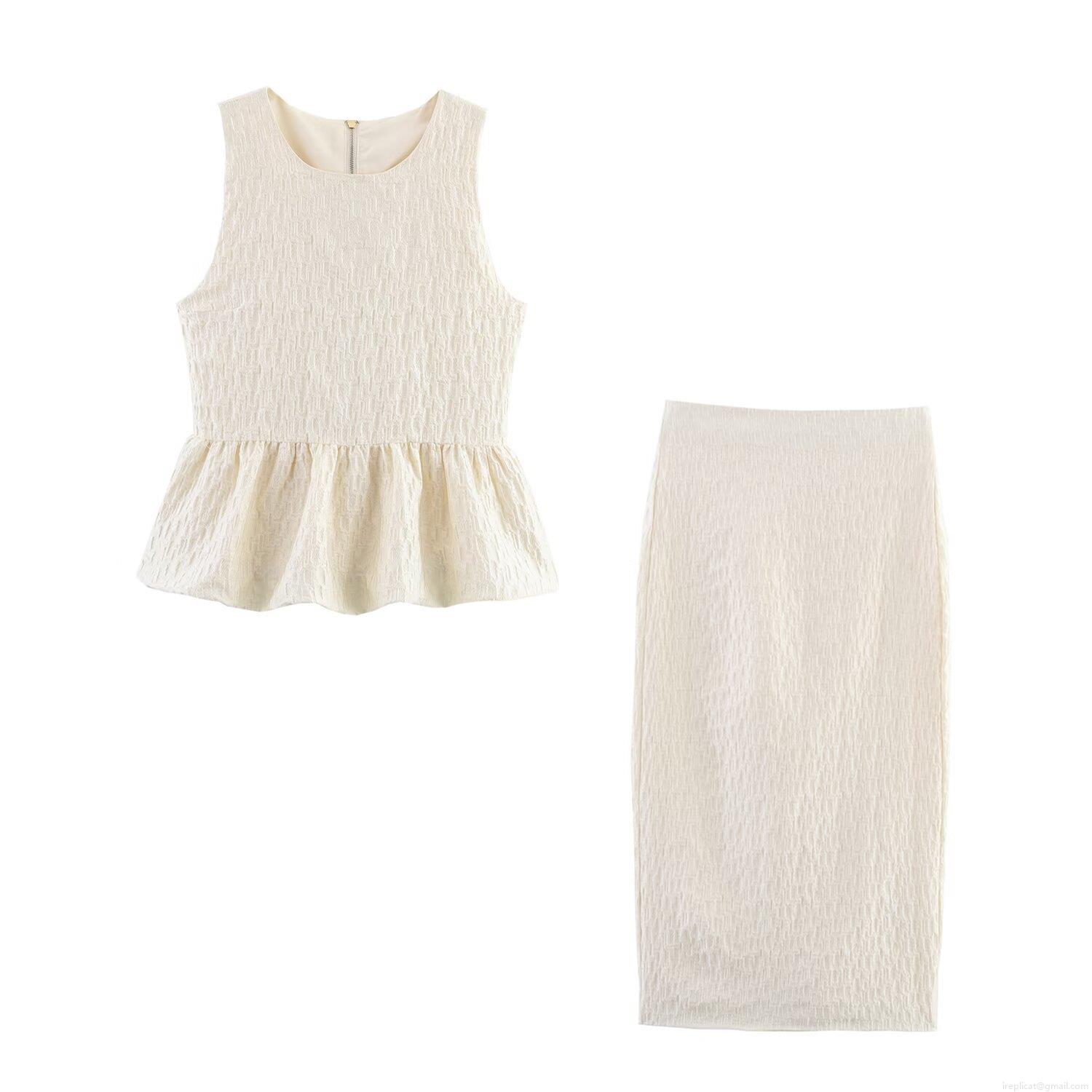 Women's Textured Peplum Top And Pencil Skirt Set Sleeveless Round Neck Off White Jacquard Two Piece Outfits For Streetwear Party Date Slim Fit Cotton Blend Skirt Suits