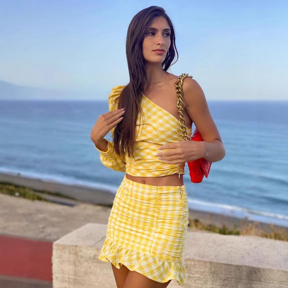 Women's 2 Piece Gingham Skirt Set Sexy One Shoulder Puff Long Sleeve Crop Top And Ruched Ruffle Mini Skirt Outfits Streetwear