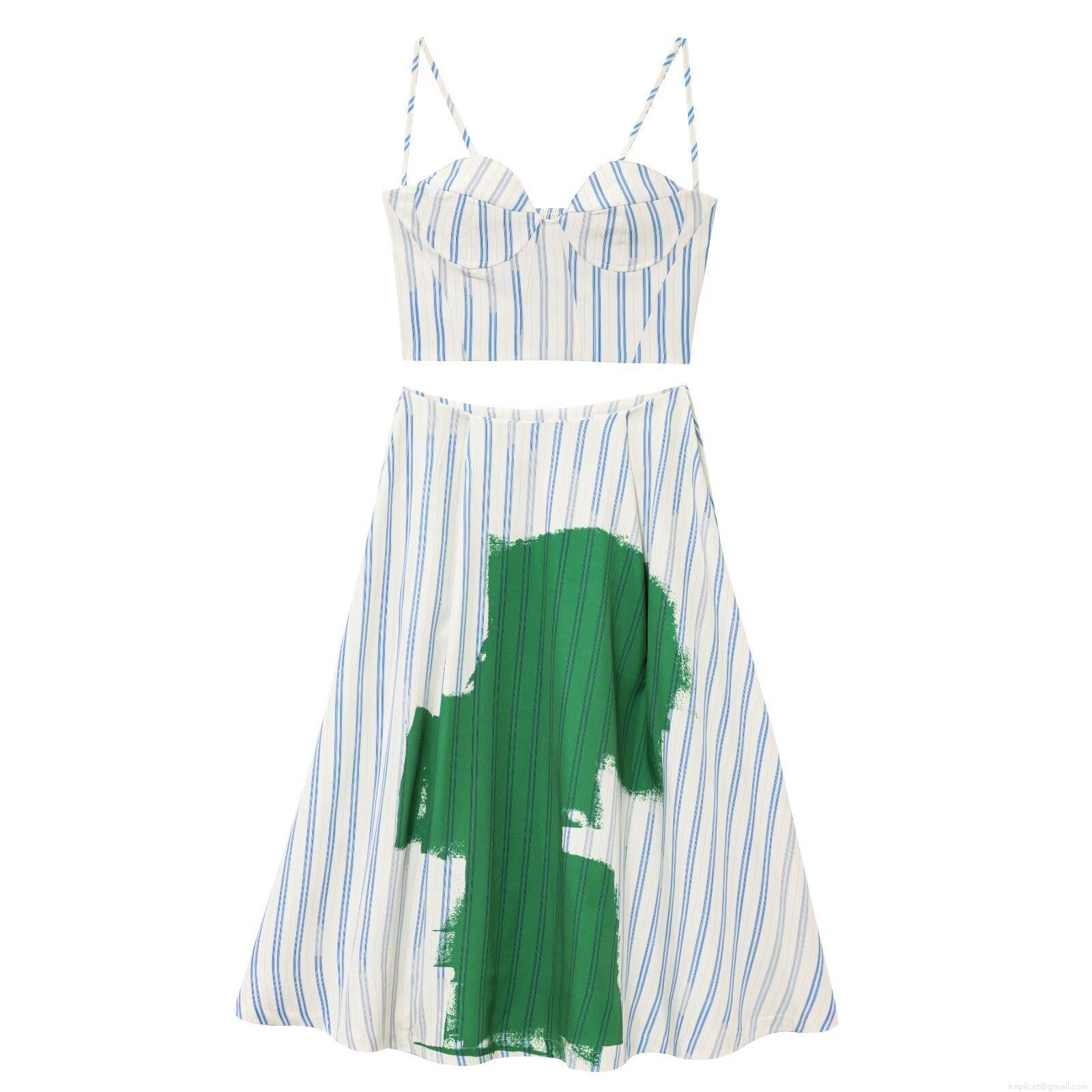 Women Blue White Striped Two Piece Set Corset Crop Top And A-Line Abstract Print Skirt Summer Casual Streetwear Outfits