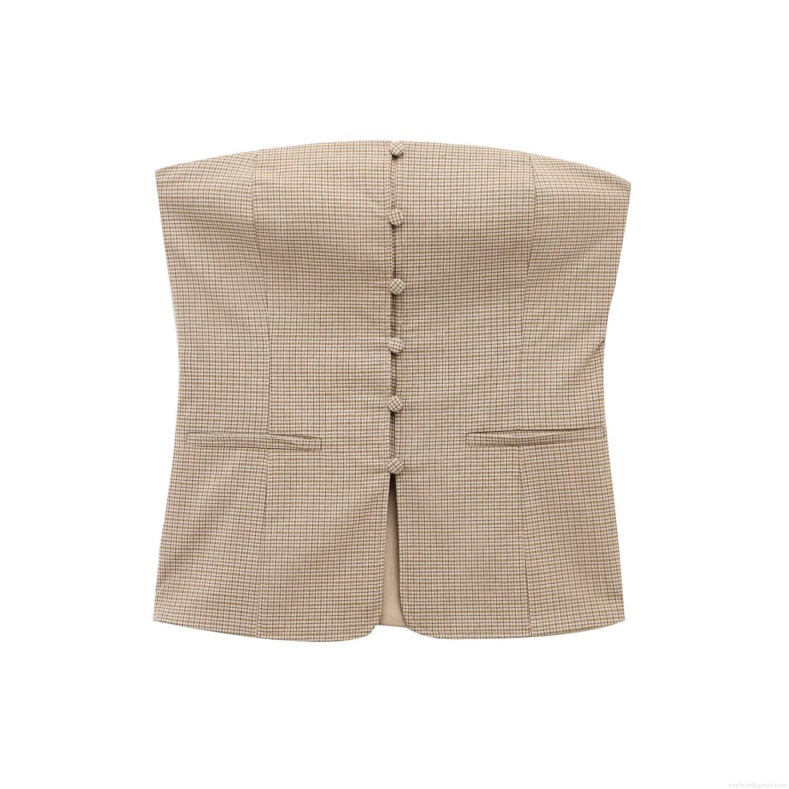 Women's Retro Brown Plaid Two Piece Set Elegant Strapless Crop Top and High Waist Pleated Midi Skirt Cotton Blend Streetwear Fashion Suit