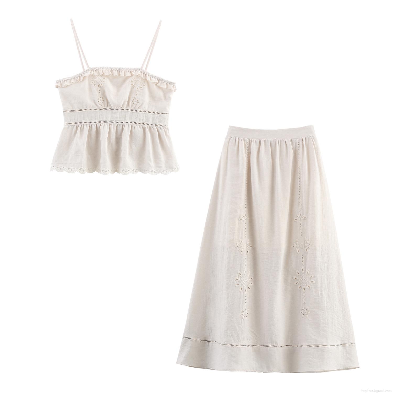 Women Bohemian Hollow Out Embroidery Two-Piece Set Ruffle Cami Top and High Waist Midi Skirt Off-White Cotton Blend Summer Resort Vacation Wear