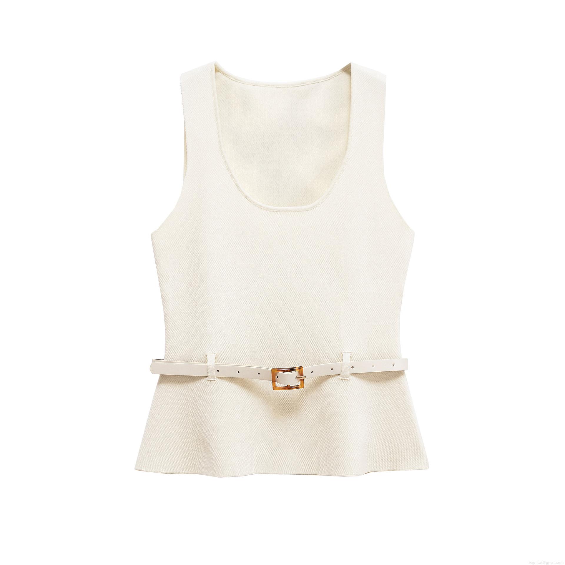 Women's Elegant Two Piece Knit Skirt Set Sleeveless Round Neck Top With Tortoise Buckle Belt High Waist Pencil Skirt Polyester Cotton Blend Streetwear Outfit Cream White