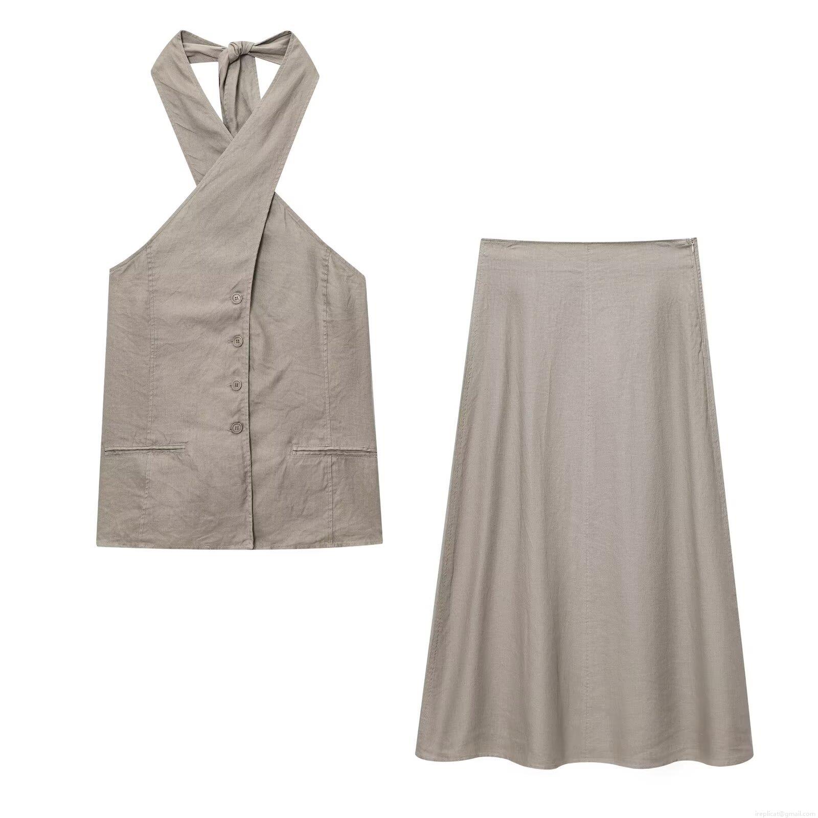 Women's Two-Piece Skirt Set Linen Cotton Halter Backless Vest Top And A-Line Midi Skirt Casual Summer Outfits Streetwear Suits