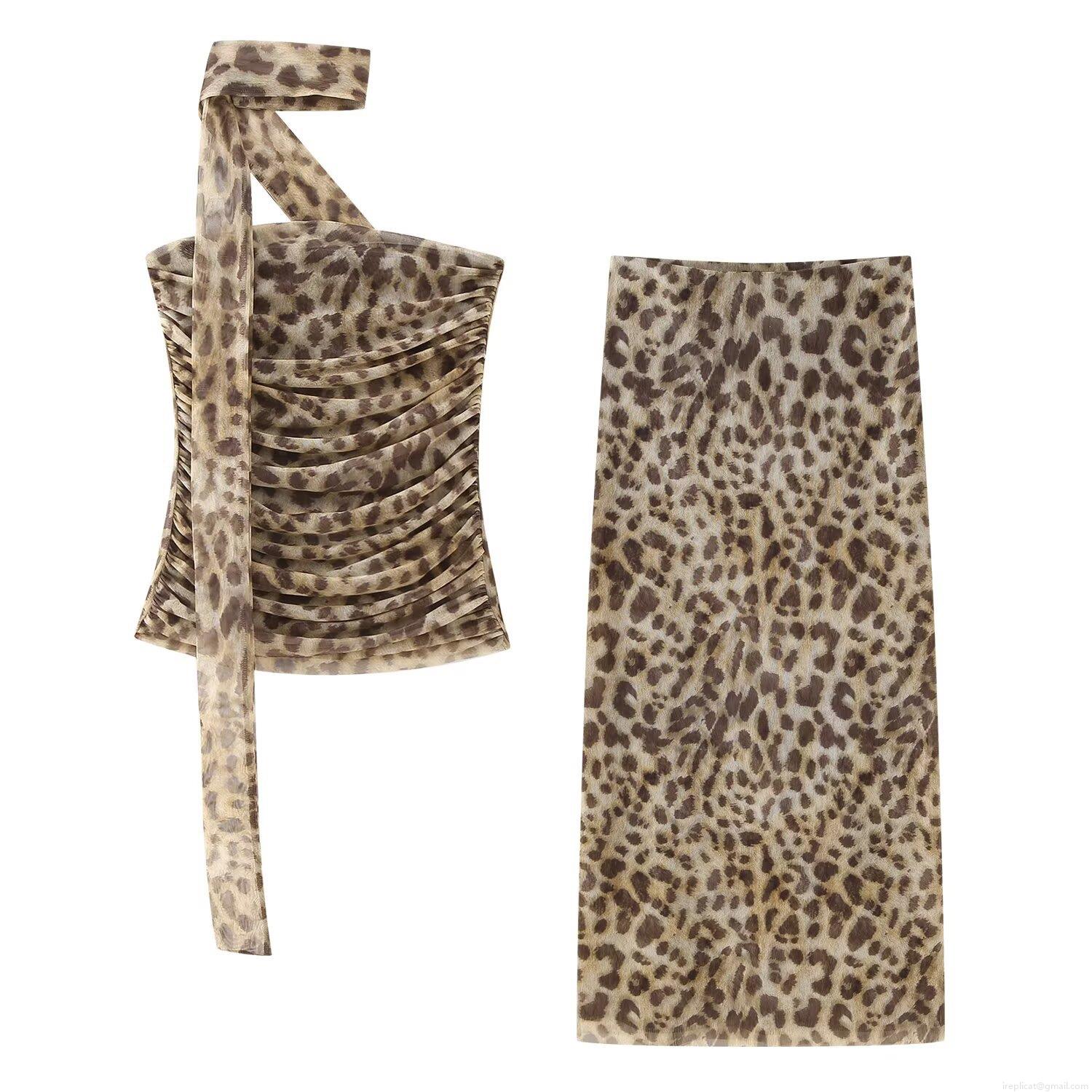 Women's Leopard Print Mesh Two Piece Set Ruched Halter Tube Top And Midi Pencil Skirt Summer Streetwear Clubwear Party Outfits