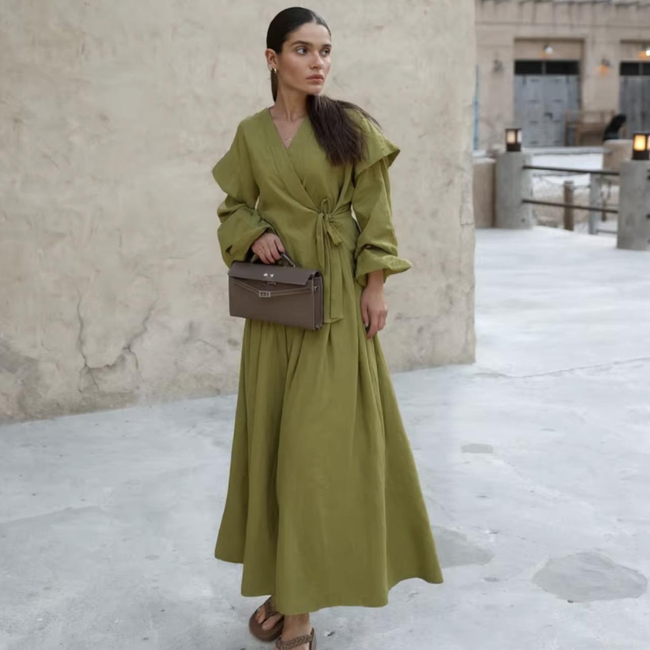 Women's Two Piece Set Solid Color Long Sleeve Wrap Top And Maxi Skirt Elegant Polyester Cotton Blend Casual Streetwear Outfits For Women