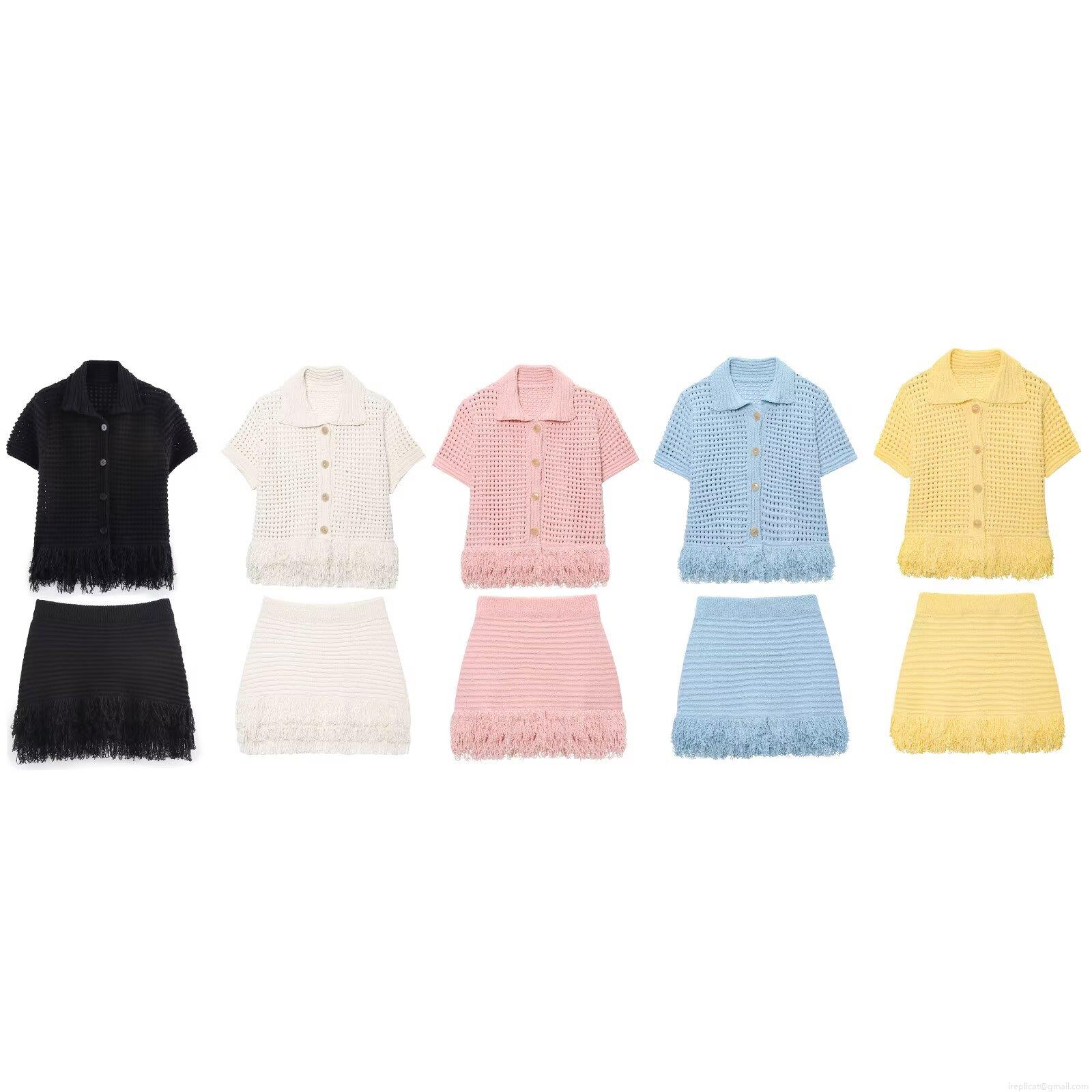 Women's 2 Piece Knit Set Hollow Out Crochet Short Sleeve Polo Top And Tassel Fringe Mini Skirt Boho Summer Casual Vacation Beachwear Outfits