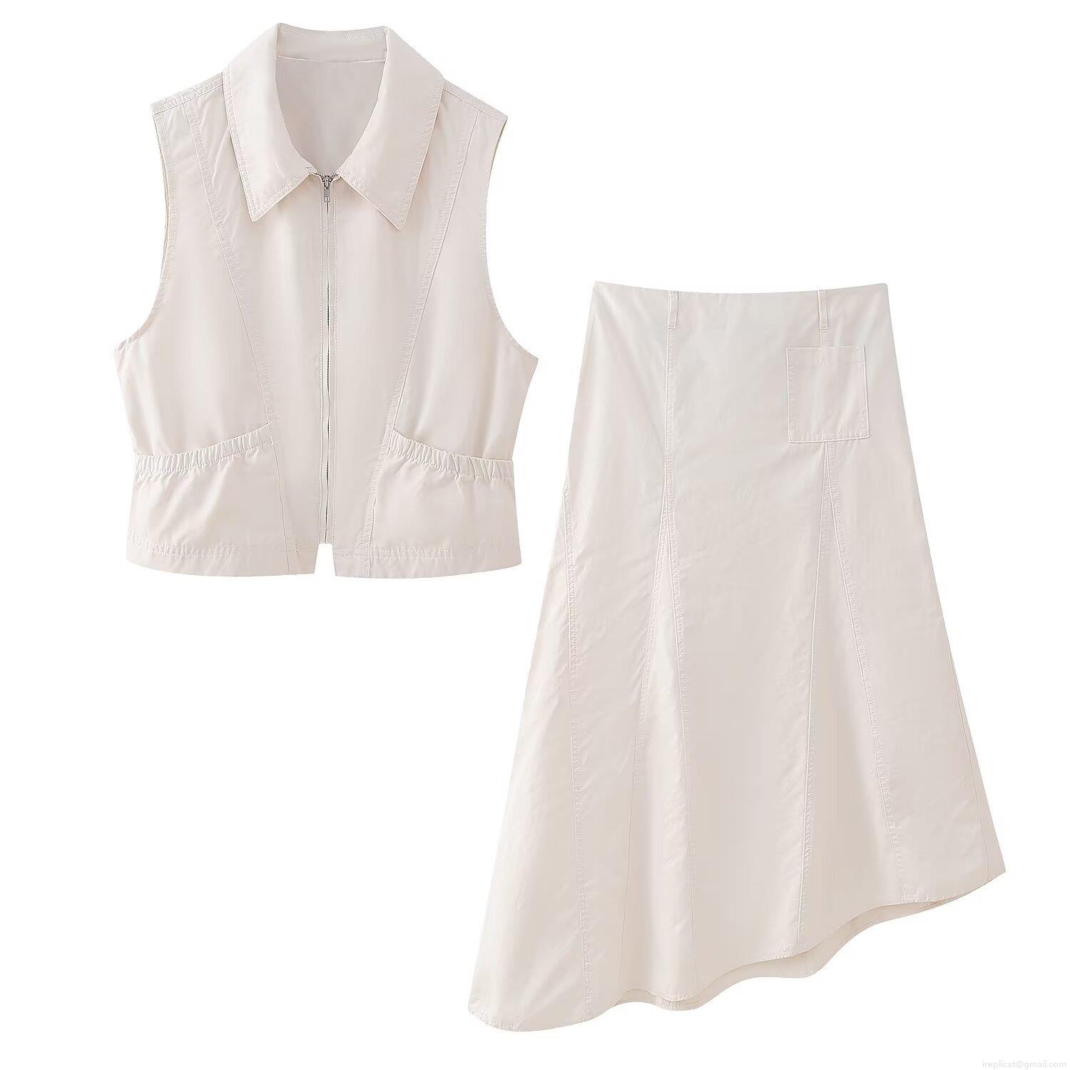 Women's Two Piece Set Sleeveless Lapel Zip Up Vest and Asymmetric Midi Skirt Beige Polyester Solid Color Streetwear Casual Summer Outfit Co-ord