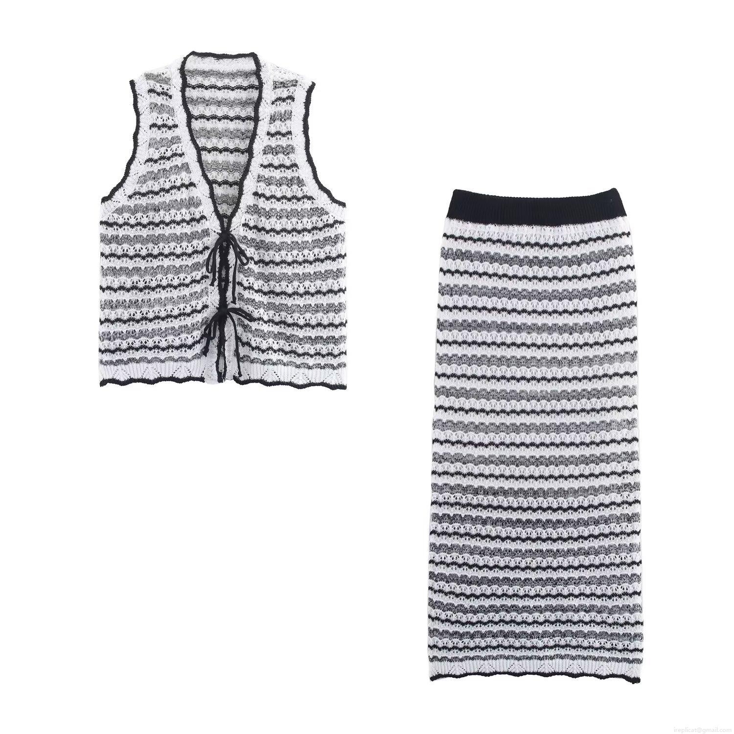 Women Crochet Knitted Two-Piece Set Hollow Out Tie-Up Vest Top And High Waist Maxi Skirt Striped Beach Vacation Outfits