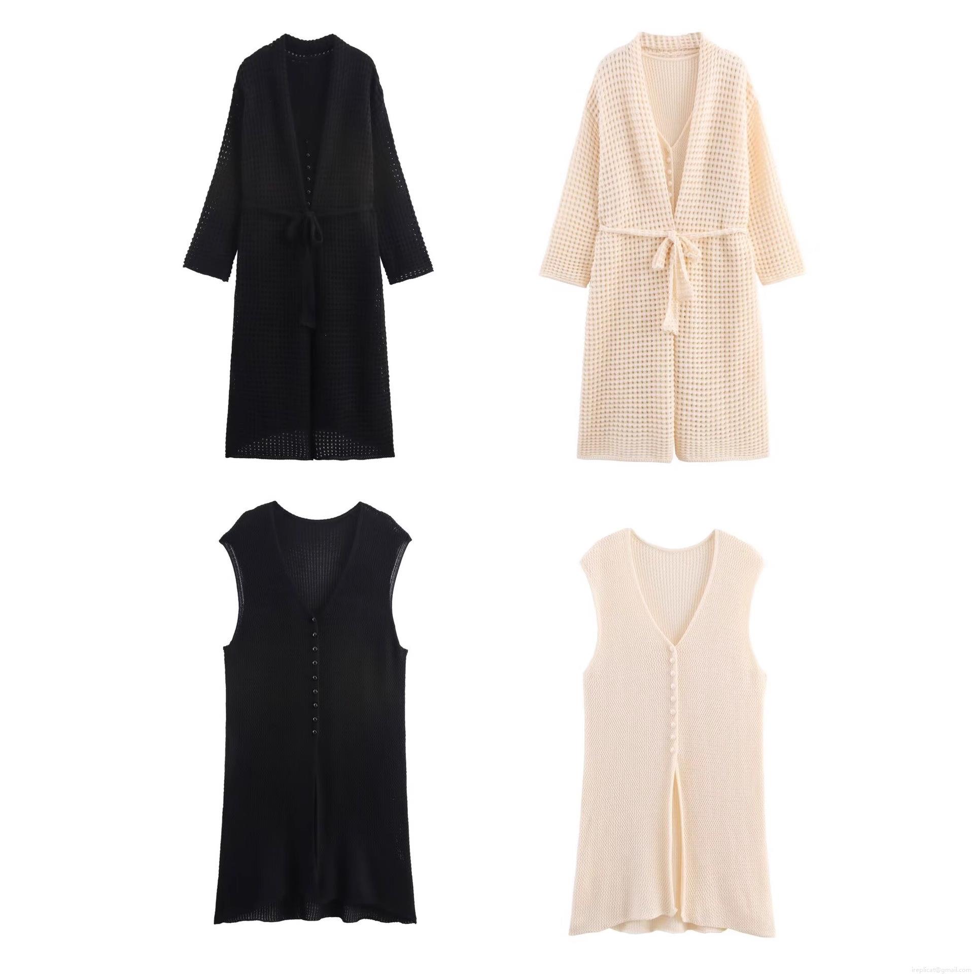 Women's Two-Piece Knit Set Long Sleeve Belted Cardigan And Sleeveless V-Neck Maxi Dress Waffle Hollow Out Crochet Loungewear Casual Soft Solid Color Streetwear Outfit