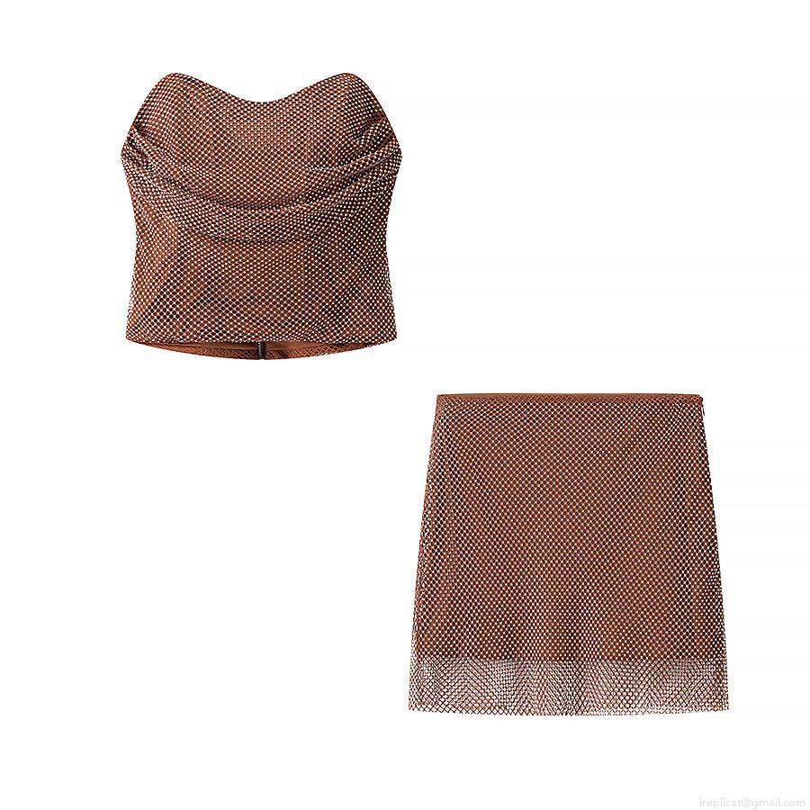 Women Sexy Brown Rhinestone Mesh Two Piece Set Strapless Tube Top And Bodycon Mini Skirt Outfits Luxury Sparkling Metallic Clubwear Party Sets