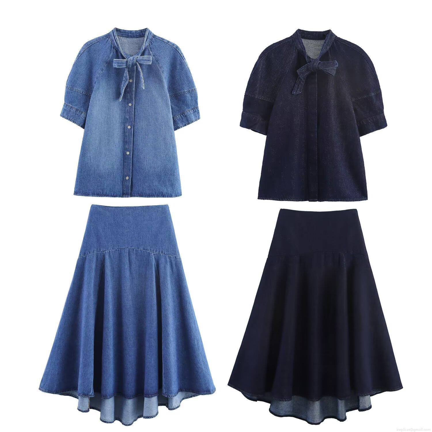 Women's Denim Two Piece Outfits Set Bow Knot Tie Short Sleeve Button Up Shirt And High Waisted Flare A-Line Pleated Midi Skirt Casual Streetwear Outfits Women's Denim Two Piece Outfits Set Bow Knot Tie Short Sleeve Button Up Shirt And High Waisted Flare A-Line Pleated Midi Skirt Casual Streetwear Outfits