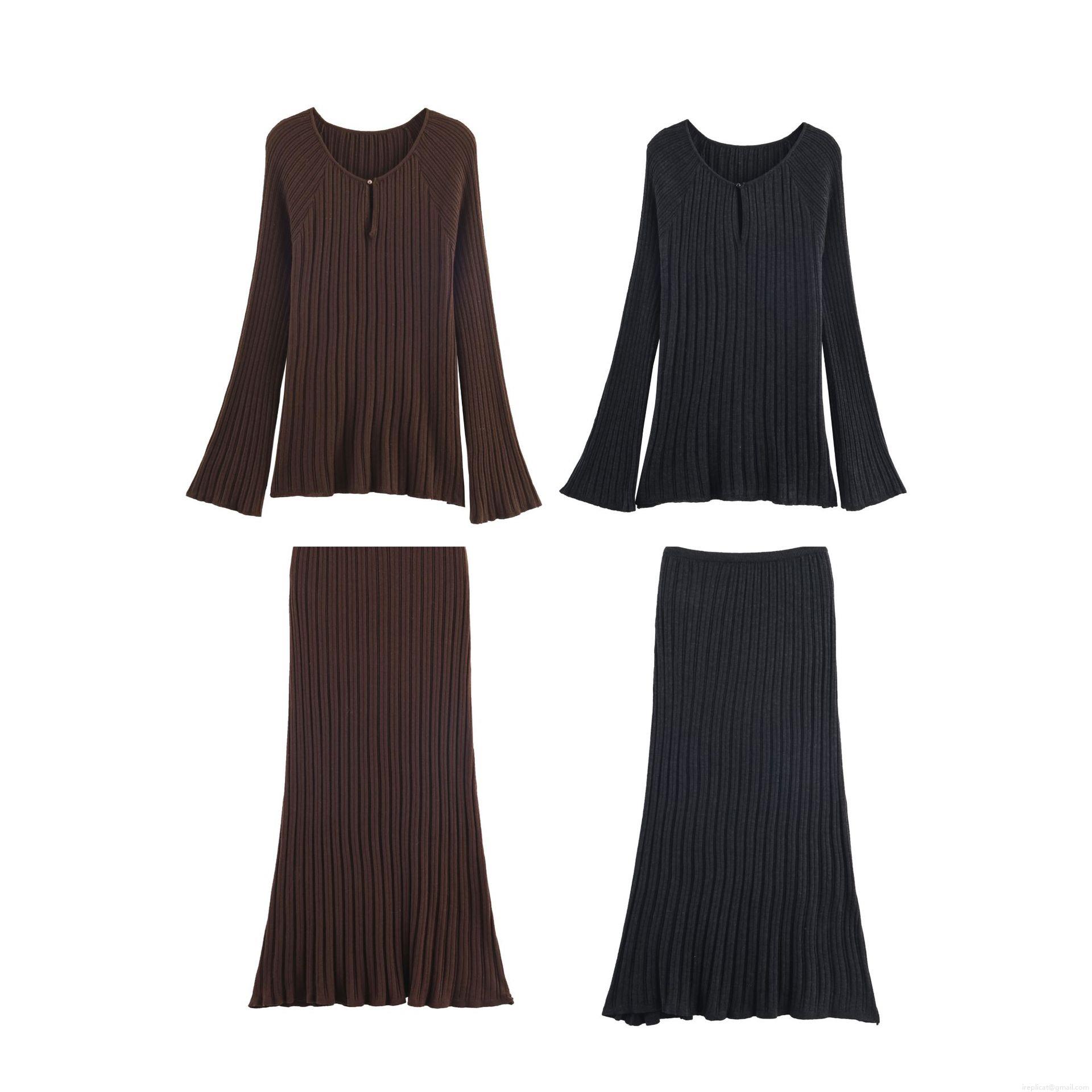 Women's Ribbed Knit Top and Midi Skirt Set 100% Polyester Long Sleeve V-Neck Slit Two Piece Outfits Elegant Slim Fit Knitted Suits For Daily Casual Streetwear