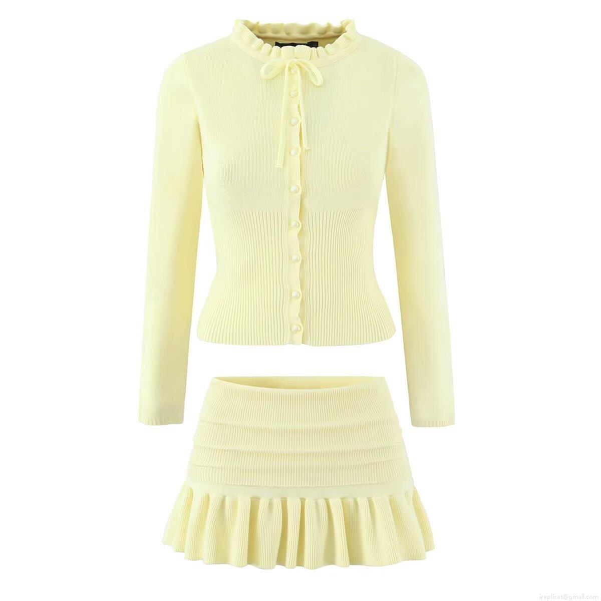 Women's Knitted Two Piece Set Long Sleeve Wood Ear Collar Cardigan Top And Ruffle Pleated Mini Skirt Set Solid Color Casual Streetwear Outfits For Women
