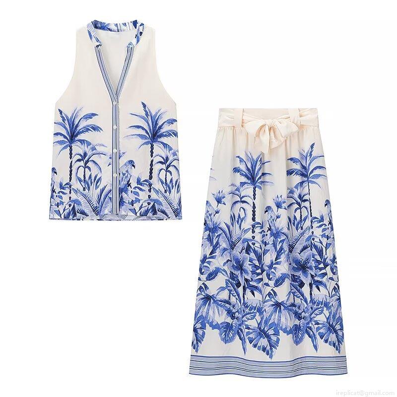 Women's Tropical Print Two-Piece Set Sleeveless V-Neck Top And Midi A-Line Skirt With Bow Tie Summer Vacation Resort Style Outfit
