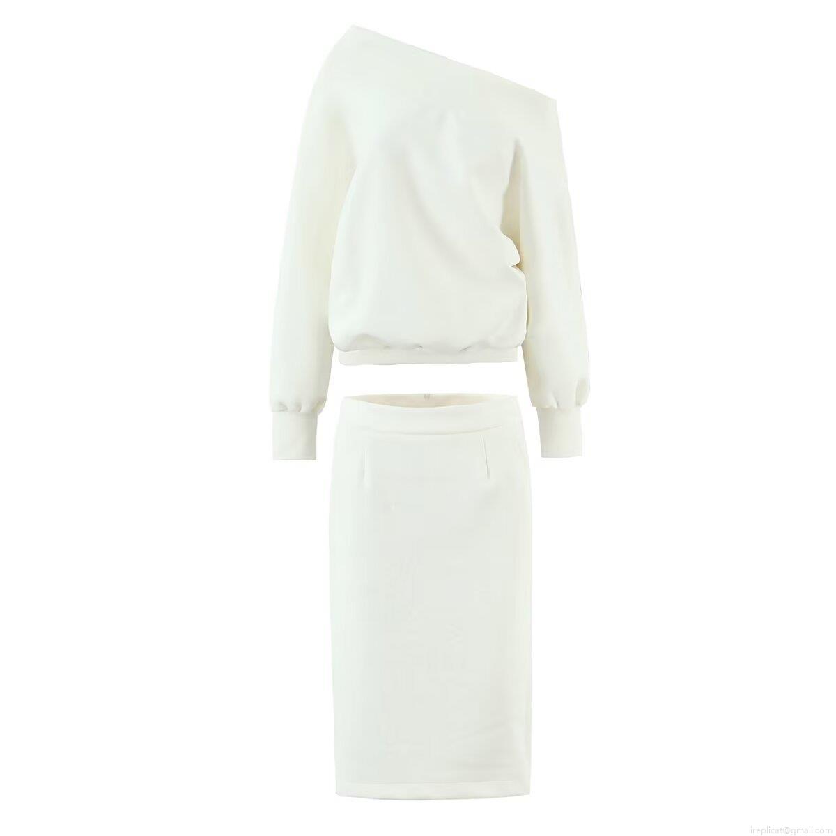 Women's 2 Piece Cotton Blend Skirt Set Off Shoulder Long Sleeve Oversized Sweatshirt And High Waist Slit Midi Skirt Solid Color Casual Streetwear Co-ords