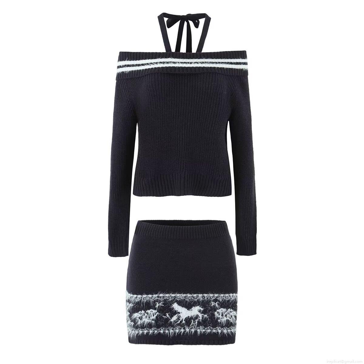 Women's Sexy Knit Two Piece Set Off Shoulder Halter Long Sleeve Sweater And Horse Pattern Bodycon Mini Skirt Casual Streetwear Outfits