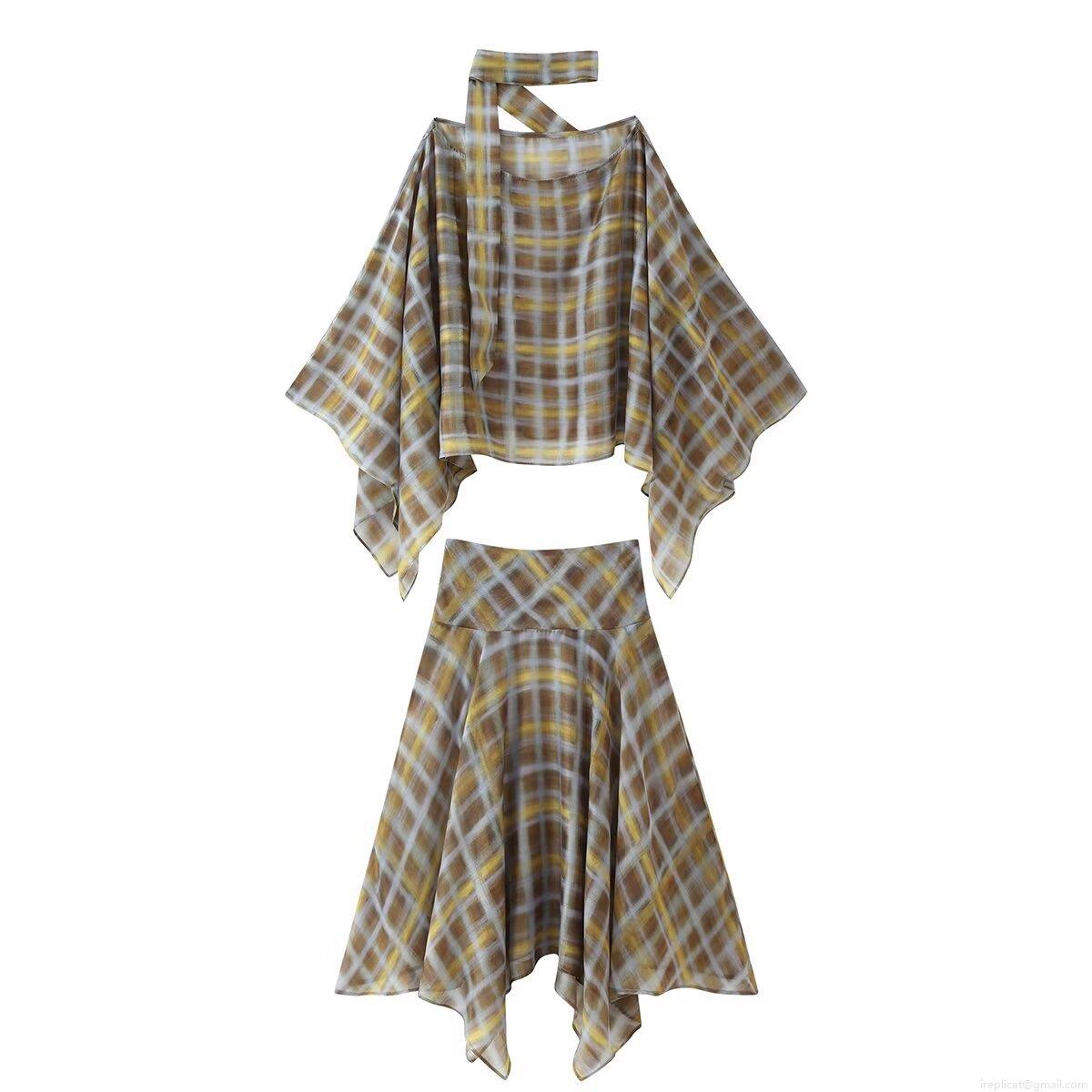 Women's Plaid Print Chiffon Two Piece Set Irregular Hem Halter Neck Cape Top And Midi Skirt Set Boho Streetwear Summer Outfit