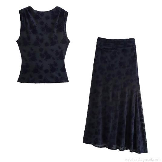 Women Fashion Flocking Floral Mesh Two Piece Set With Sleeveless Cowl Neck Tank Top And High Waist A-Line Long Skirt For Streetwear Party Date Elegant Street Style Outfit