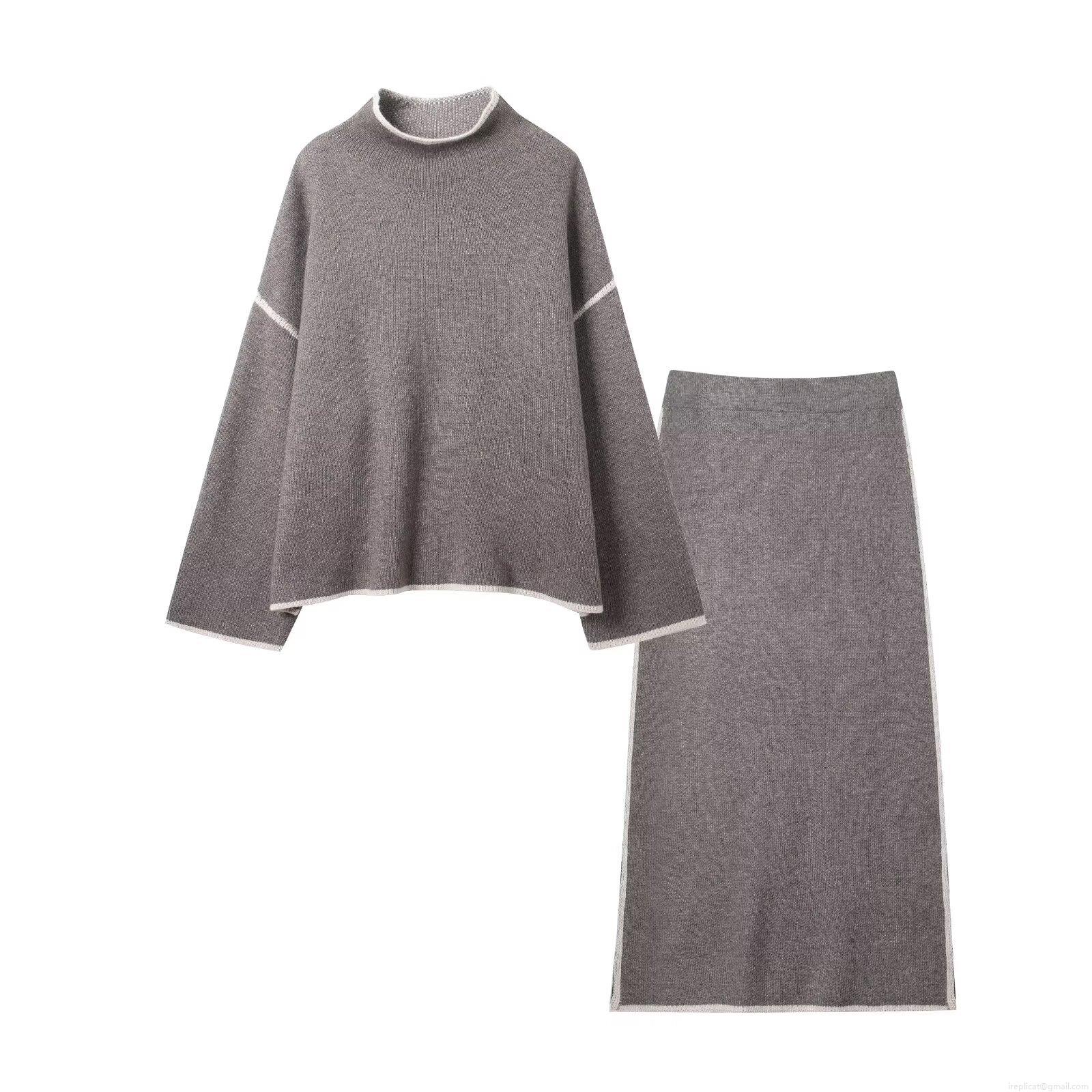 Women Contrast Trim Knit Two Piece Sets Long Sleeve Drop Shoulder Crew Neck Sweater and High Waist Bodycon Midi Skirt Polyester Lounge Outfits