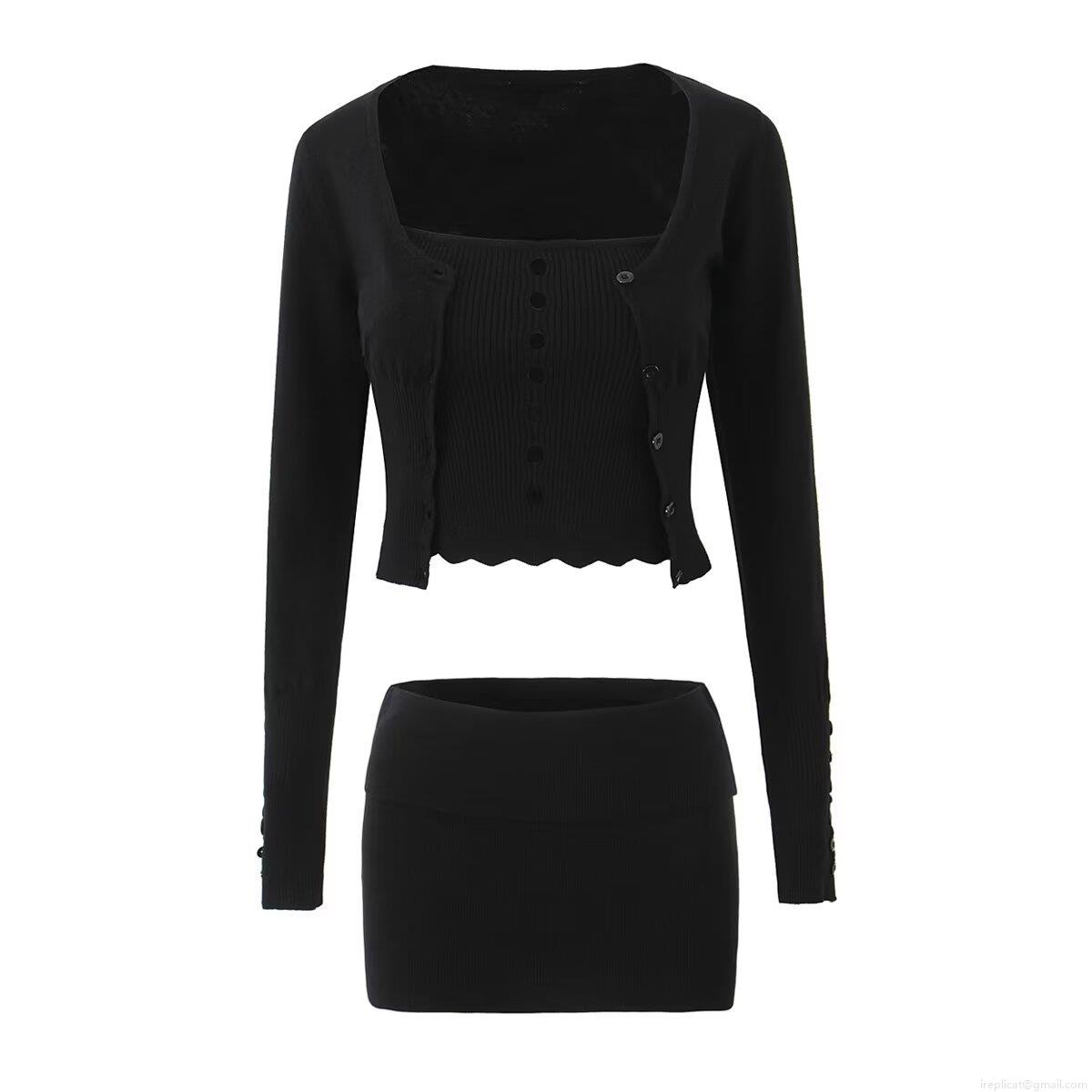 Women's 3-Piece Knit Skirt Set Sexy Hollow Out Tube Top Ribbed V-Neck Button Cardigan High Waist Mini Skirt Casual Streetwear Knitted Outfit