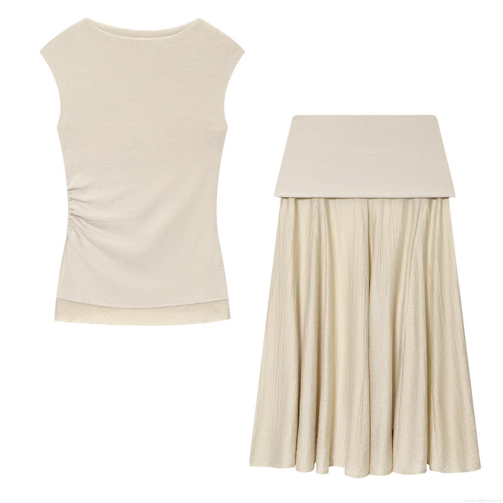 Women's Sleeveless Side Ruched Top and Pleated Maxi Skirt Two-Piece Set Elegant Solid Apricot Knit Texture Casual Outfit Streetwear Commuter Co-ord Set