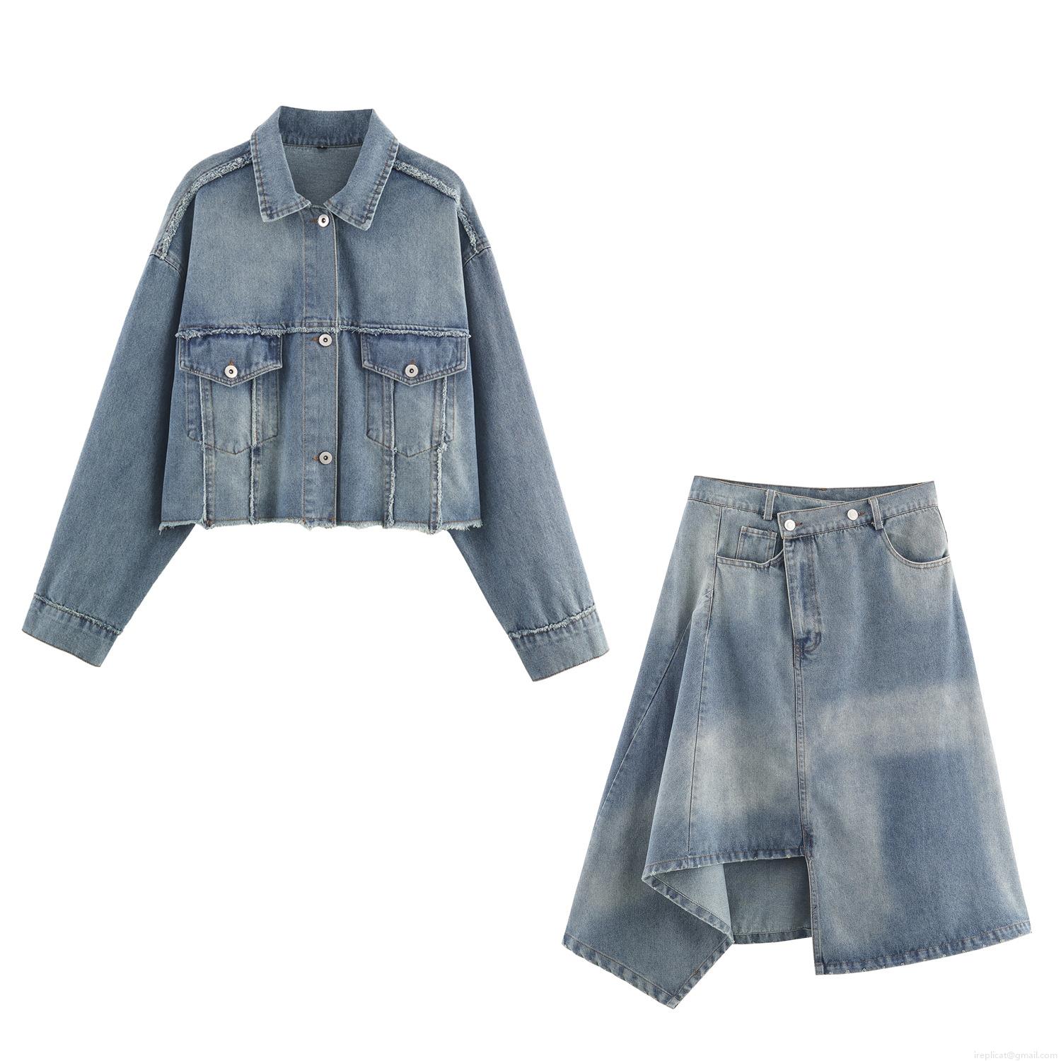 Women's 2 Piece Denim Set Distressed Short Jean Jacket And Asymmetric Midi Skirt Washed Blue Cotton Blend Streetwear Outfits