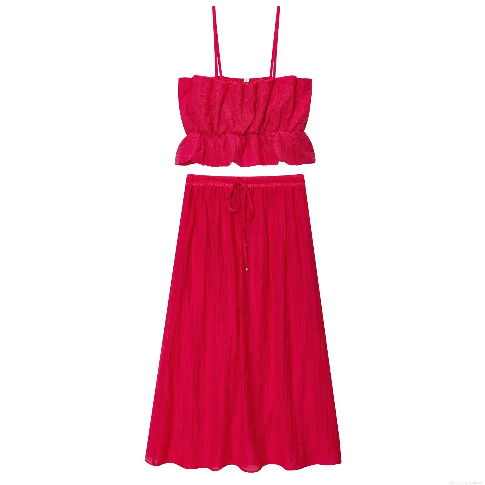 Women 2 Piece Set Crinkle Texture Spaghetti Strap Crop Top And High Waist Midi Skirt Summer Casual Beachwear Rose Red Outfits