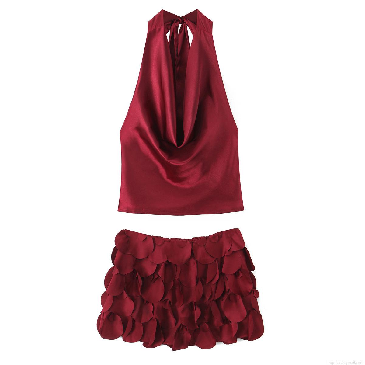 Women Sexy Satin Halter Backless Crop Top and Layered Petal Fish Scale Mini Skirt Two Piece Set Elegant Burgundy Silk-Like Party Vacation Outfit