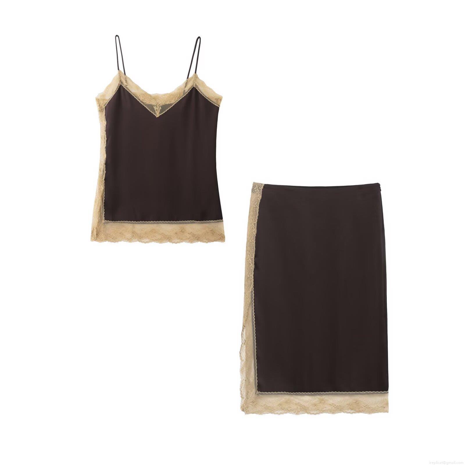 Women's Sexy Satin Cami Top and Midi Skirt Set with Lace Trim Elegant Dark Brown Two Piece Outfits for Summer Party Club Night Silk-like Polyester Skirt Suit