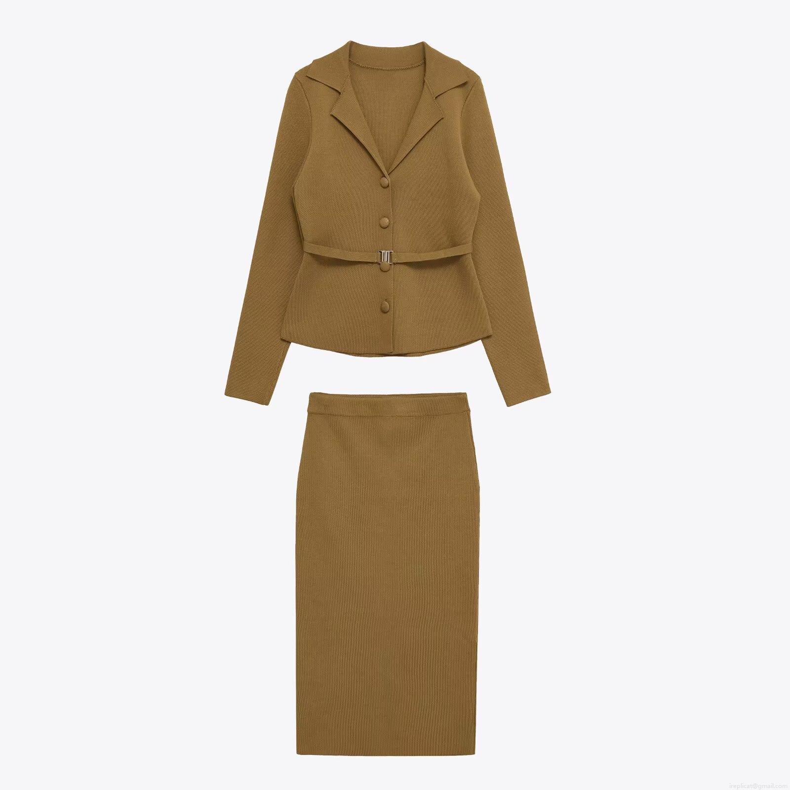 Women's 2 Piece Knit Skirt Set Ribbed Long Sleeve Lapel Button Top With Belt And Midi Skirt Casual Streetwear Elegant Fall Winter Outfit