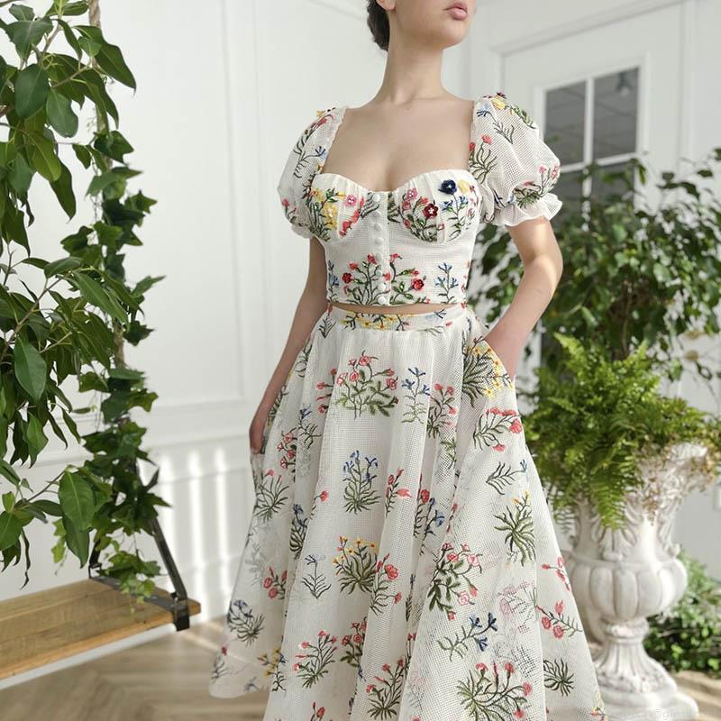 Women Bohemian Two-Piece Skirt Set White Mesh Floral Embroidery Puff Sleeve Crop Top High Waist Backless Maxi Skirt Vacation Elegant Outfit