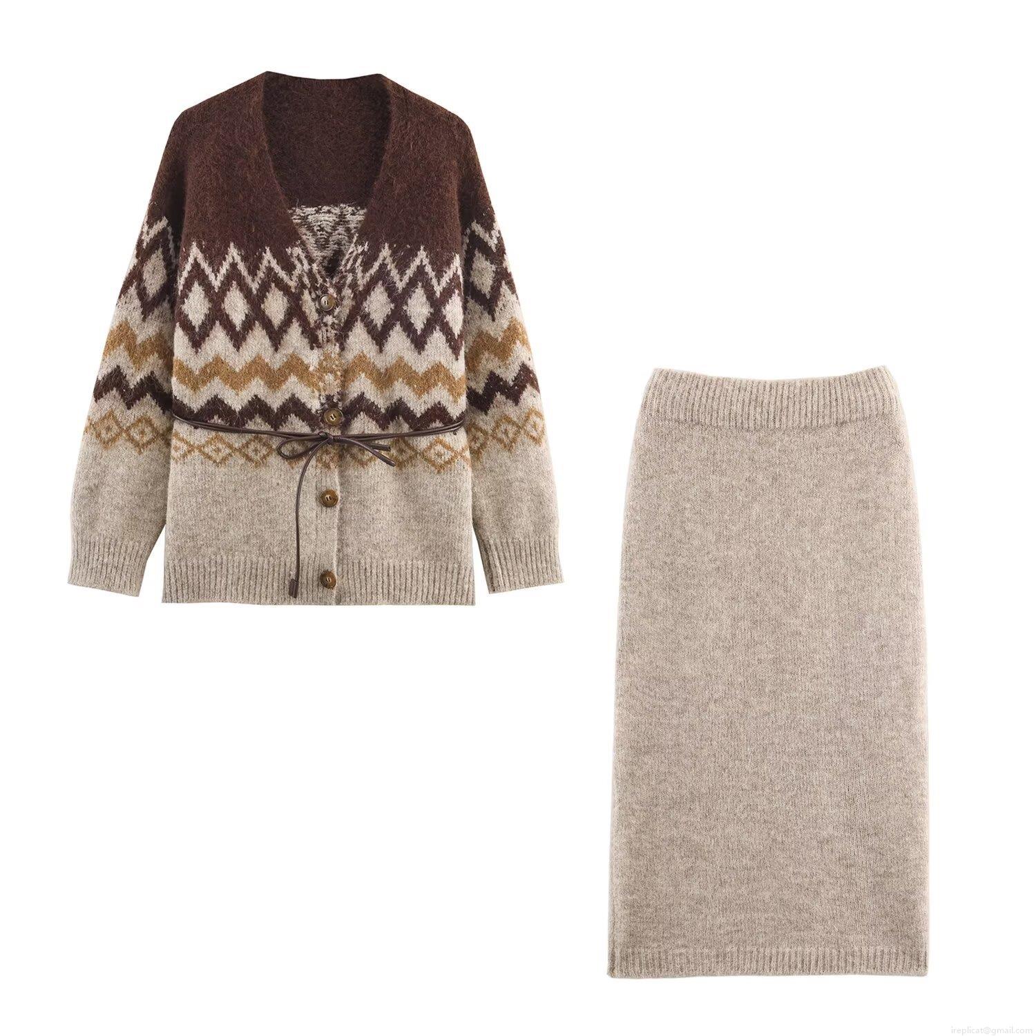 Women Retro Knit Sweater Set Geometric Argyle Cardigan Top With Waist Belt And Midi Knit Skirt Two Piece Outfits Soft Long Sleeve Warm Winter Clothes