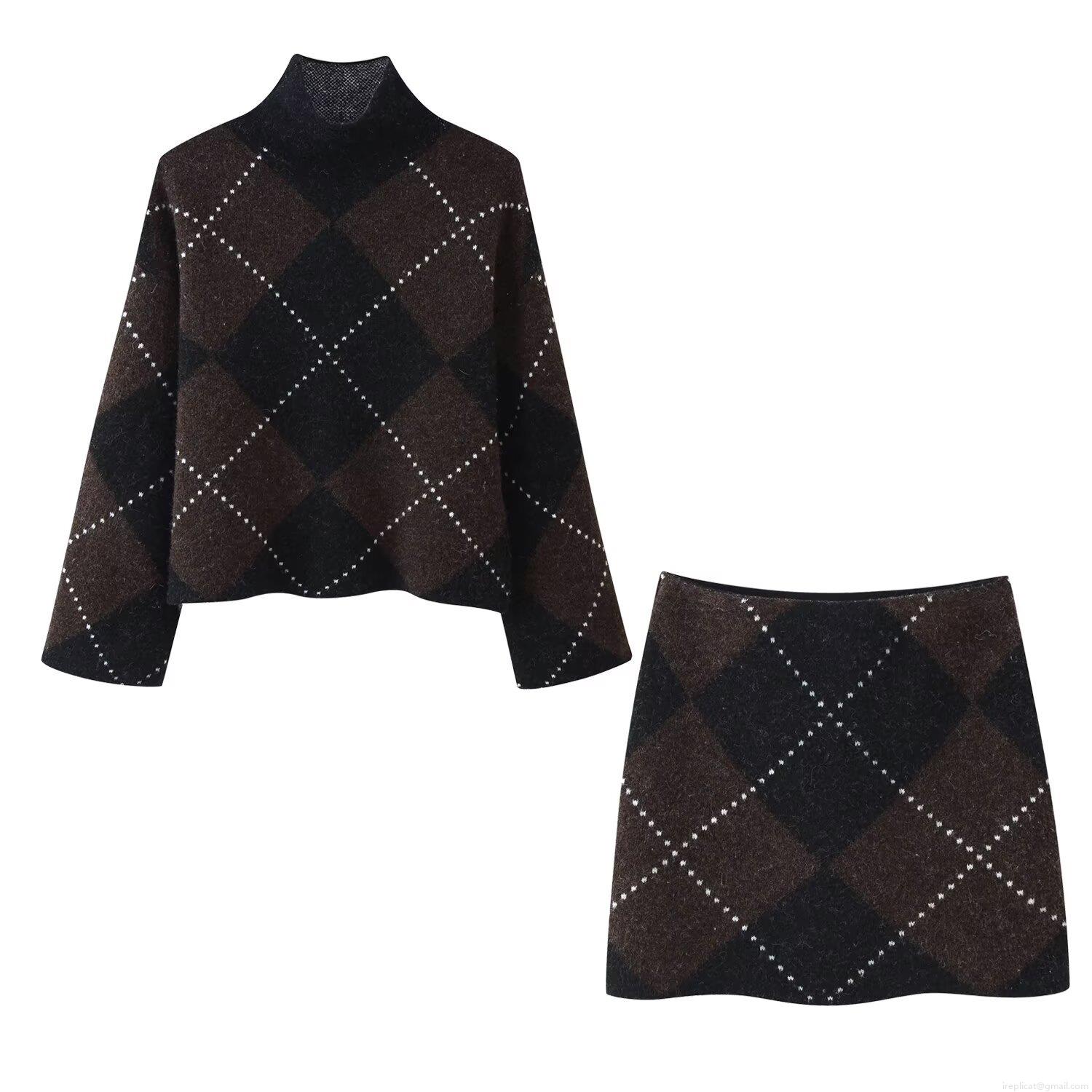 Women Retro Argyle Pattern Knit Sweater And Mini Skirt Set High Neck Long Sleeve Autumn Winter Two Piece Outfits Soft Warm Knitwear