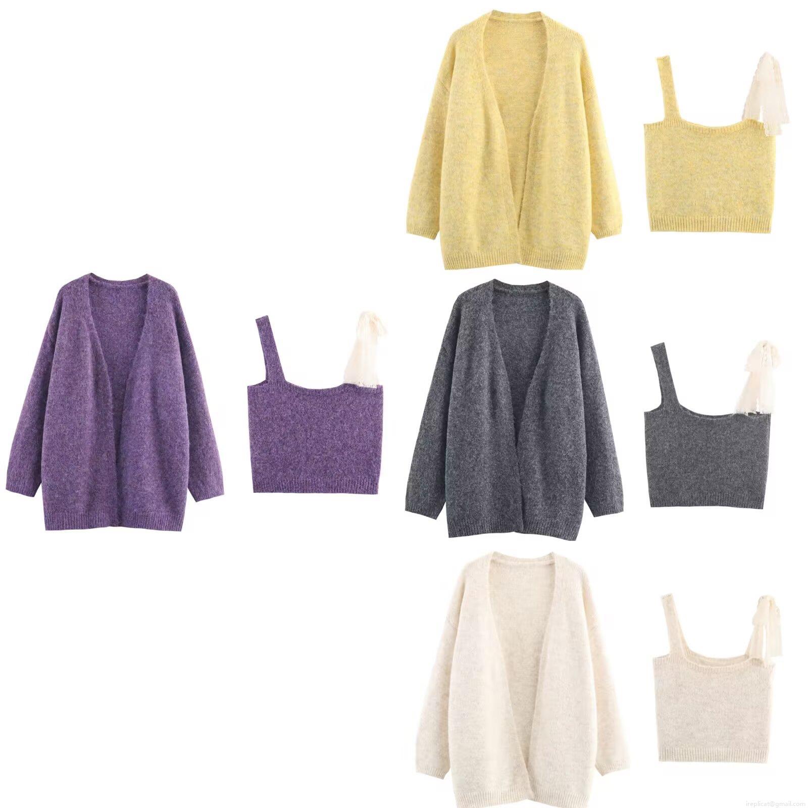 Women's 2-Piece Knit Sweater Set Plush Long Sleeve Cardigan And Asymmetrical Lace Strap Bow Camisole Top Loose Casual Fall Winter Outfits
