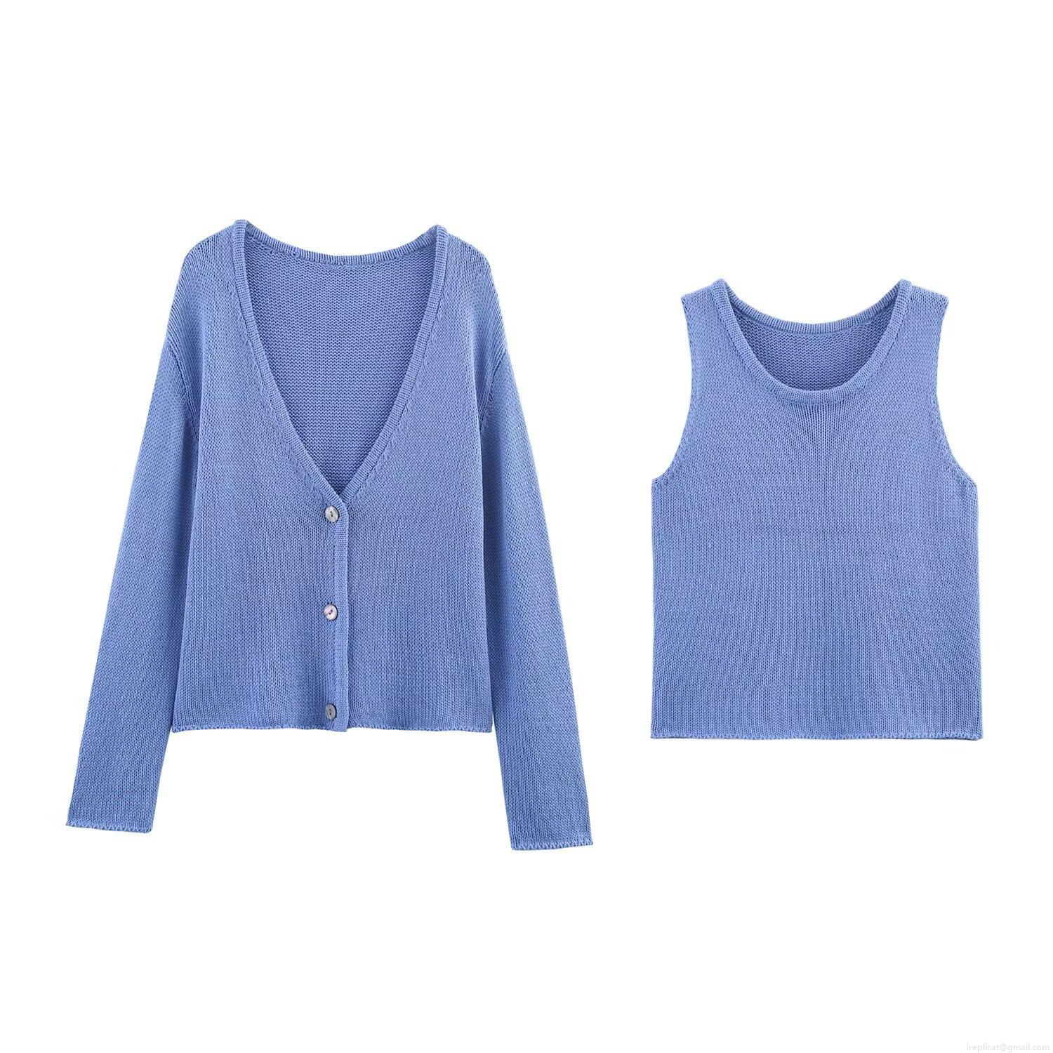 Women's 2 Piece Knitted Sweater Set Elegant Polyester V-Neck Button Cardigan and Round Neck Sleeveless Vest Top Casual Solid Color Outfits