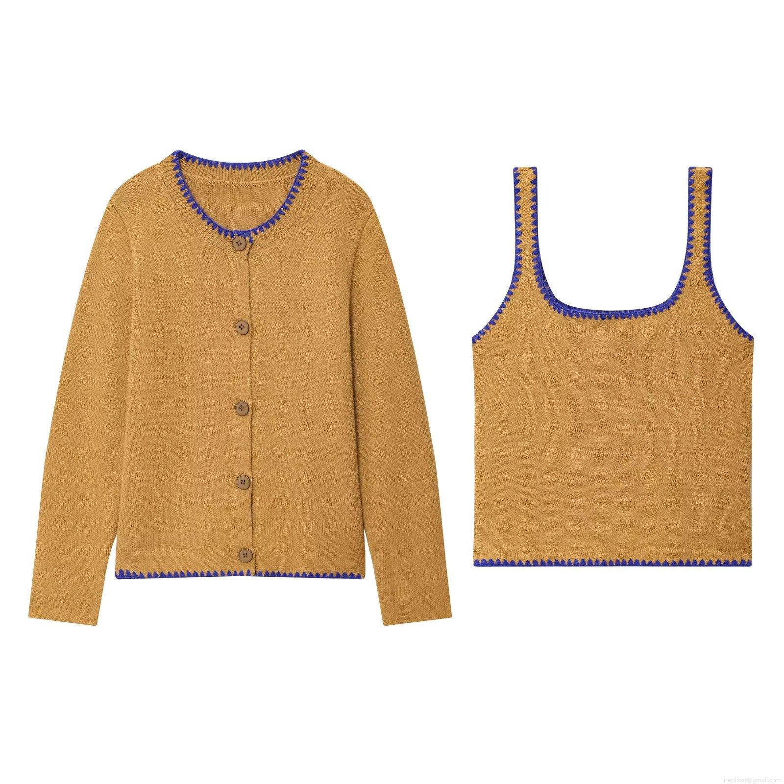 Women's 2 Piece Knitwear Set Contrast Wave Embroidery Button Down Cardigan and Knit Camisole Tank Top Casual Streetwear Outfits