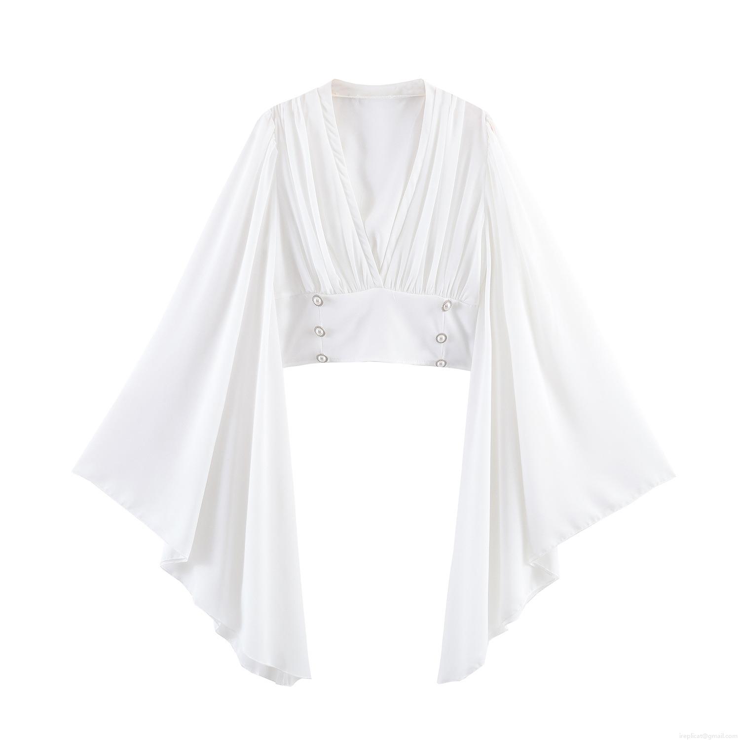 Elegant French Women V Neck Cropped Blouse Flare Long Sleeve Top With Pearl Button Decoration Pleated Chiffon Texture Polyester Shirt For Daily Dating Elegant French Women V Neck Cropped Blouse Flare Long Sleeve Top With Pearl Button Decoration Pleated Chiffon Texture Polyester Shirt For Daily Dating