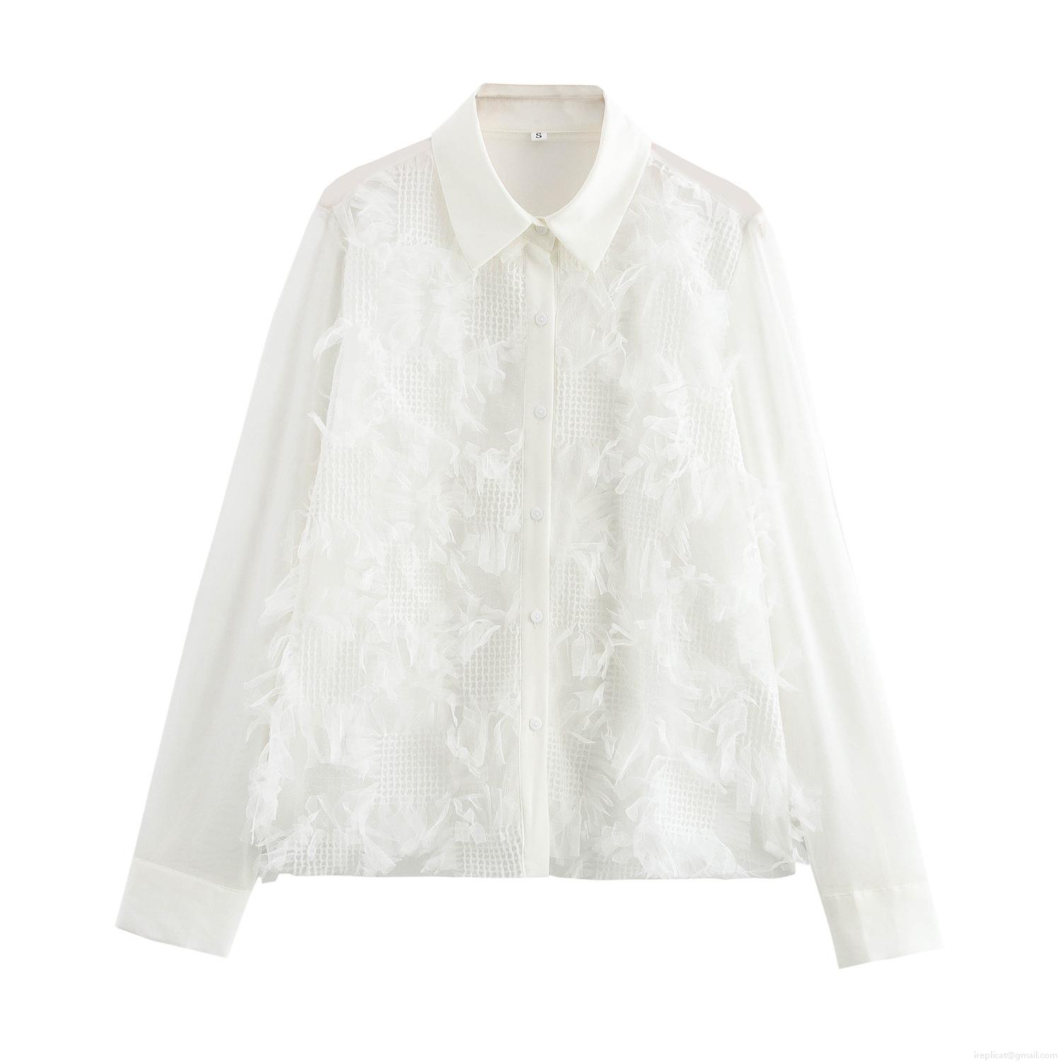 Elegant French Style White Mesh Blouse Women Polyester Long Sleeve Blouse With Feather Texture Turn-down Collar Button Up Loose Fit Autumn Shirt Elegant French Style White Mesh Blouse Women Polyester Long Sleeve Blouse With Feather Texture Turn-down Collar Button Up Loose Fit Autumn Shirt